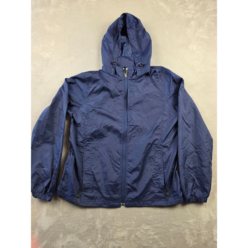 LL Bean Stowaway Rain Jacket Womens M Blue Nylon Hooded Full Zip Windbreaker